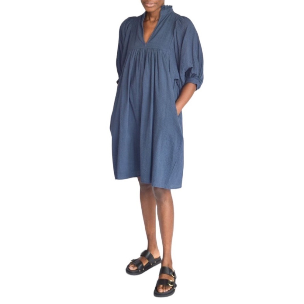 Never A Wallflower High Neck Dress‎ Navy Seersucker Sz XS